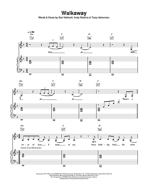 Preview Geri Halliwell Walkaway Pop sheet music, notes and chords for Piano, Vocal & Guitar (Right-Hand Melody), SKU: 17492 sheet music, piano notes, chords, guitar tabs, score, transpose, transcribe, how to play, guide, download, learn, tutorial, progression, song, artist, awards, billboard, mtv, vh1, tour, single, album, release