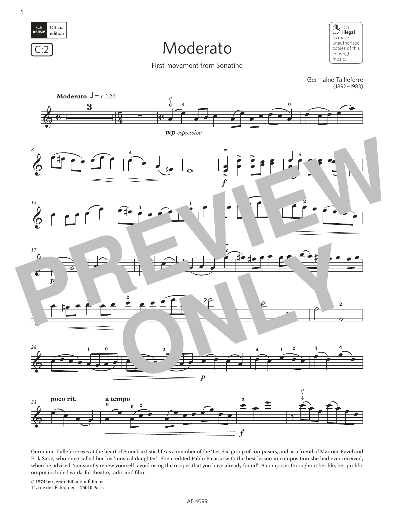 Germaine Tailleferre Moderato (Grade 5, C2, from the ABRSM Violin Syllabus from 2024) Sheet Music & Chords for Violin Solo - Download or Print PDF