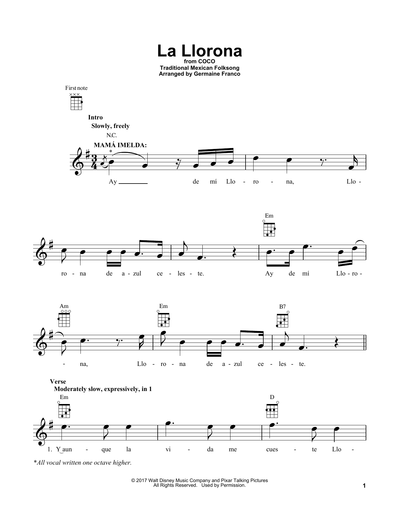 Preview Germaine Franco La Llorona (from 'Coco') Film and TV sheet music, notes and chords for Easy Guitar Tab, SKU: 196001 sheet music, piano notes, chords, guitar tabs, score, transpose, transcribe, how to play, guide, download, learn, tutorial, progression, song, artist, awards, billboard, mtv, vh1, tour, single, album, release