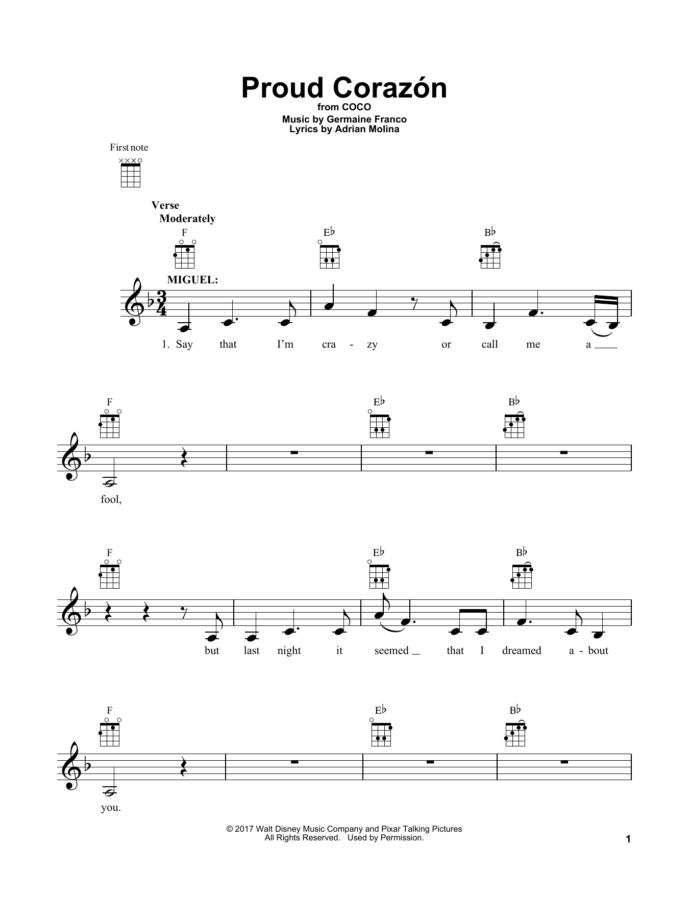 Download Germaine Franco & Adrian Molina Proud Corazon (from Coco) sheet music and printable PDF score & Disney music notes