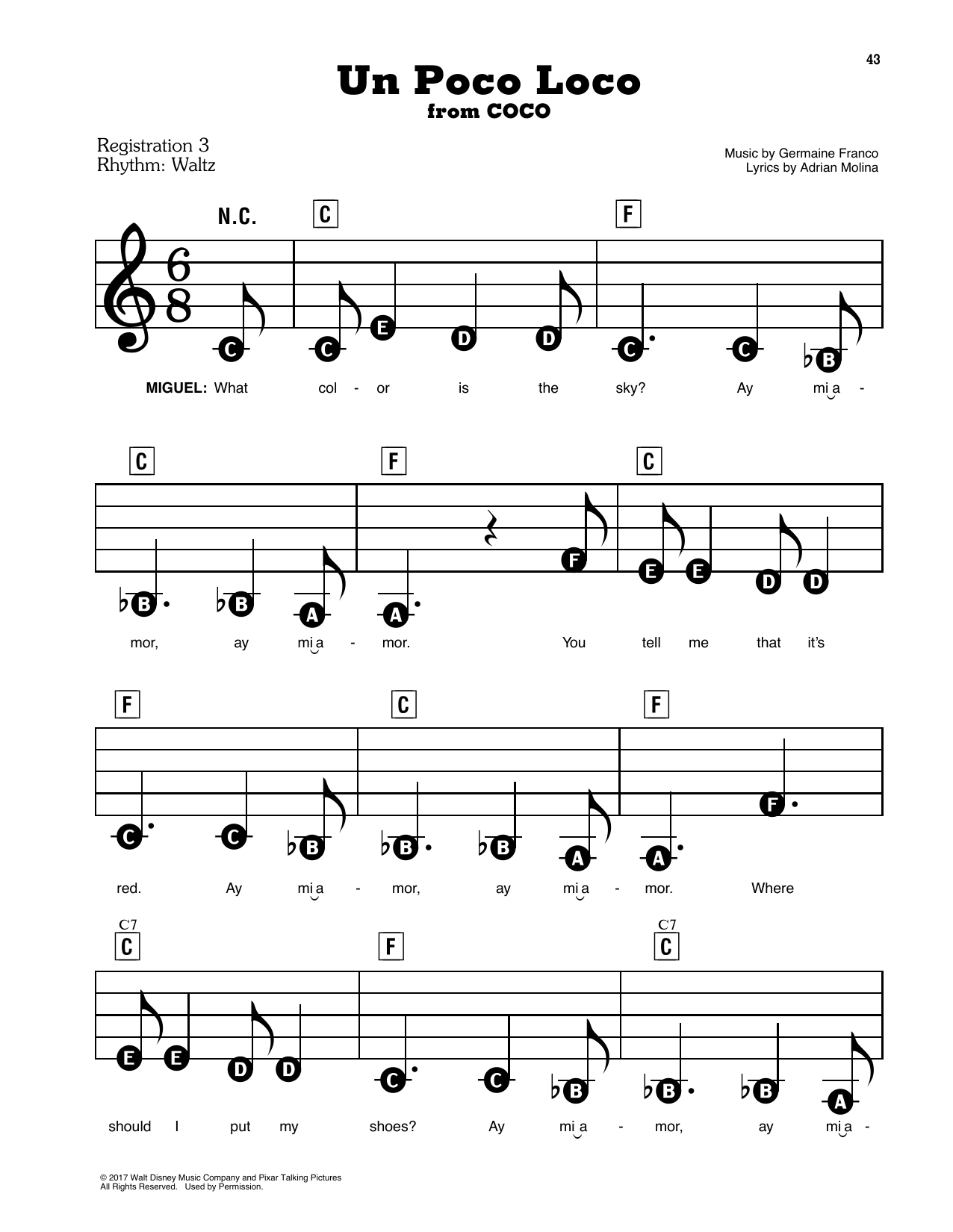 Preview Germaine Franco & Adrian Molina Un Poco Loco (from Coco) Film and TV sheet music, notes and chords for Keyboard, SKU: 125698 sheet music, piano notes, chords, guitar tabs, score, transpose, transcribe, how to play, guide, download, learn, tutorial, progression, song, artist, awards, billboard, mtv, vh1, tour, single, album, release