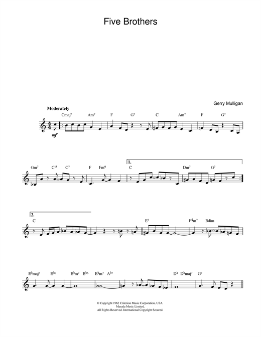 Download Gerry Mulligan Five Brothers sheet music and printable PDF score & Jazz music notes