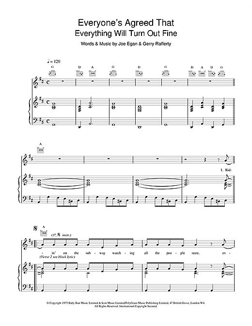 Preview Gerry Rafferty Everyone's Agreed That Everything Will Turn Out Fine Rock sheet music, notes and chords for Piano, Vocal & Guitar (Right-Hand Melody), SKU: 15684 sheet music, piano notes, chords, guitar tabs, score, transpose, transcribe, how to play, guide, download, learn, tutorial, progression, song, artist, awards, billboard, mtv, vh1, tour, single, album, release