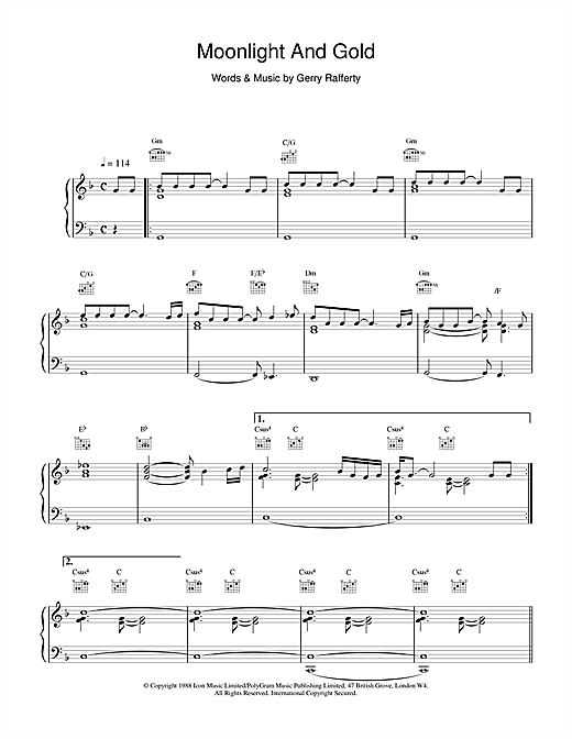 Preview Gerry Rafferty Moonlight And Gold Rock sheet music, notes and chords for Piano, Vocal & Guitar (Right-Hand Melody), SKU: 15686 sheet music, piano notes, chords, guitar tabs, score, transpose, transcribe, how to play, guide, download, learn, tutorial, progression, song, artist, awards, billboard, mtv, vh1, tour, single, album, release