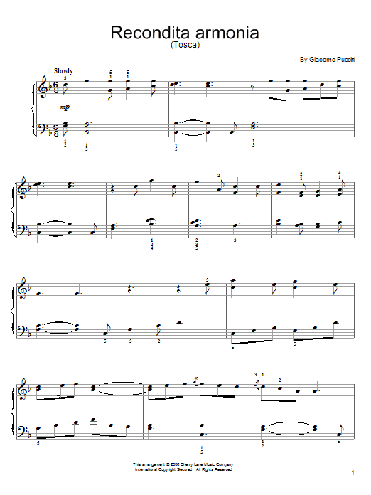 Preview Giacomo Puccini Recondita Armonia Classical sheet music, notes and chords for Easy Piano, SKU: 55529 Download Giacomo Puccini Recondita Armonia sheet music and printable PDF score & Classical music notes