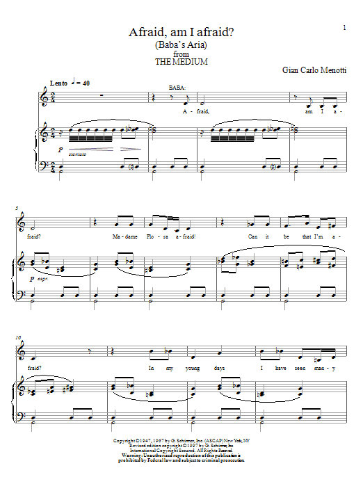 Preview Gian Carlo Menotti Afraid, Am I Afraid? (Baba's Aria) Classical sheet music, notes and chords for Piano, Vocal & Guitar (Right-Hand Melody), SKU: 51728 sheet music, piano notes, chords, guitar tabs, score, transpose, transcribe, how to play, guide, download, learn, tutorial, progression, song, artist, awards, billboard, mtv, vh1, tour, single, album, release