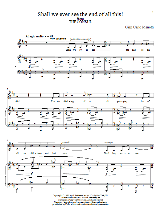 Preview Gian Carlo Menotti Shall We Ever See The End Of All This! Classical sheet music, notes and chords for Piano, Vocal & Guitar (Right-Hand Melody), SKU: 51731 Download Gian Carlo Menotti Shall We Ever See The End Of All This! sheet music and printable PDF score & Classical music notes
