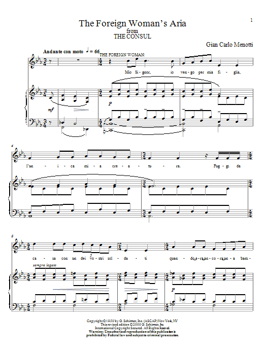 Preview Gian Carlo Menotti The Foreign Woman's Aria Classical sheet music, notes and chords for Piano, Vocal & Guitar (Right-Hand Melody), SKU: 51730 sheet music, piano notes, chords, guitar tabs, score, transpose, transcribe, how to play, guide, download, learn, tutorial, progression, song, artist, awards, billboard, mtv, vh1, tour, single, album, release