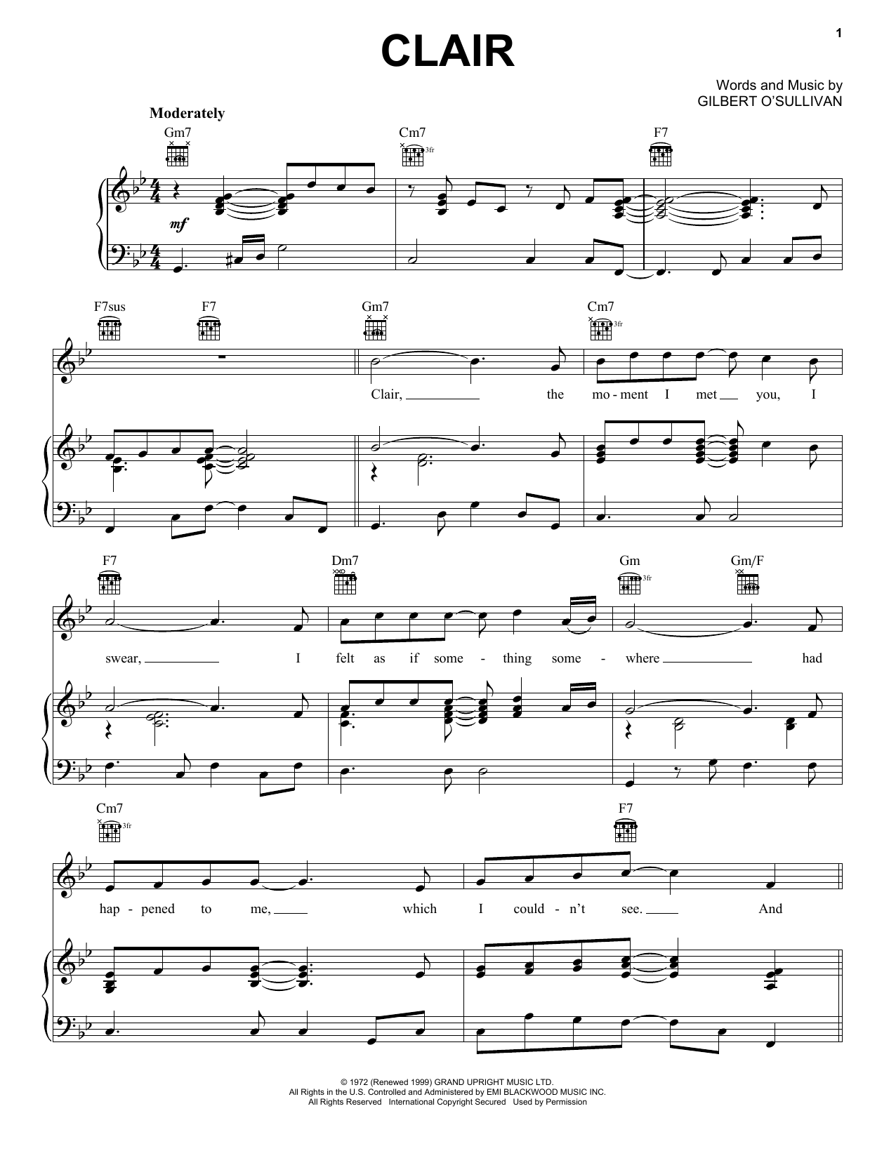 Gilbert O Sullivan Clair Sheet Music Download Printable Pop Pdf Piano Vocal Guitar Score Sku 101884