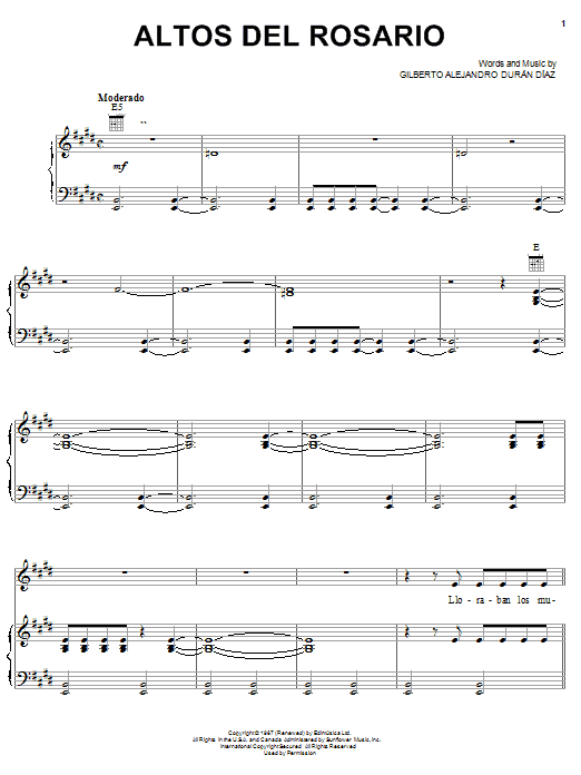 Preview Gilberto Alejandro Durán Díaz Altos Del Rosario World sheet music, notes and chords for Piano, Vocal & Guitar (Right-Hand Melody), SKU: 22163 Download Gilberto Alejandro Durán Díaz Altos Del Rosario sheet music and printable PDF score & World music notes
