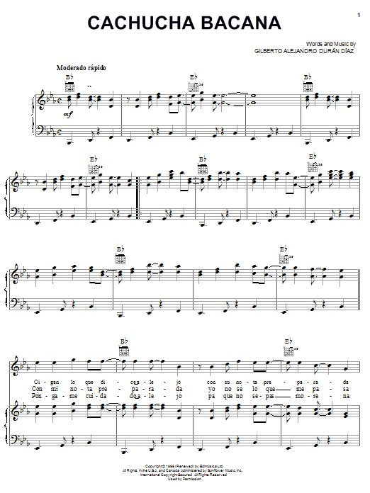 Preview Gilberto Alejandro Duran Diaz Cachucha Bacana World sheet music, notes and chords for Piano, Vocal & Guitar (Right-Hand Melody), SKU: 22164 Download Gilberto Alejandro Duran Diaz Cachucha Bacana sheet music and printable PDF score & World music notes