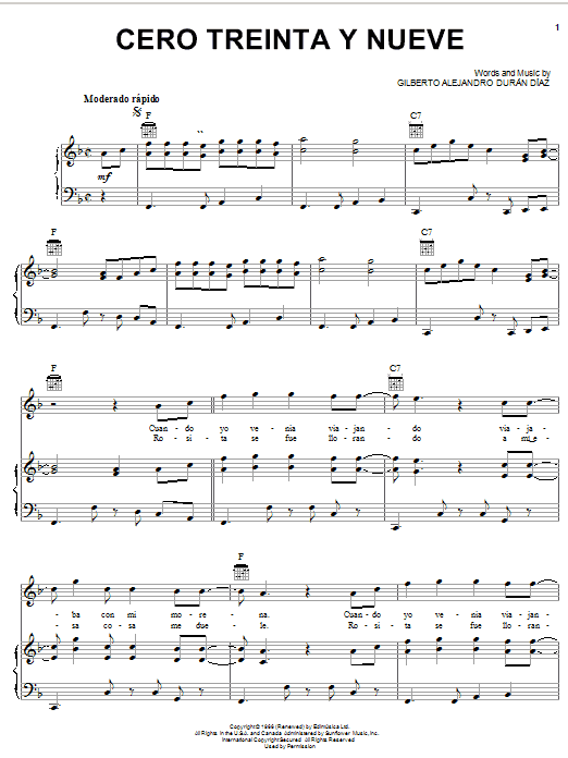 Preview Gilberto Alejandro Duran Diaz Cero Treinta Y Nueve World sheet music, notes and chords for Piano, Vocal & Guitar (Right-Hand Melody), SKU: 22166 Download Gilberto Alejandro Duran Diaz Cero Treinta Y Nueve sheet music and printable PDF score & World music notes