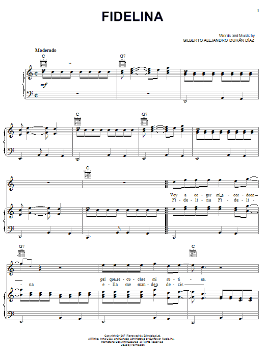 Preview Gilberto Alejandro Duran Diaz Fidelina World sheet music, notes and chords for Piano, Vocal & Guitar (Right-Hand Melody), SKU: 22171 Download Gilberto Alejandro Duran Diaz Fidelina sheet music and printable PDF score & World music notes