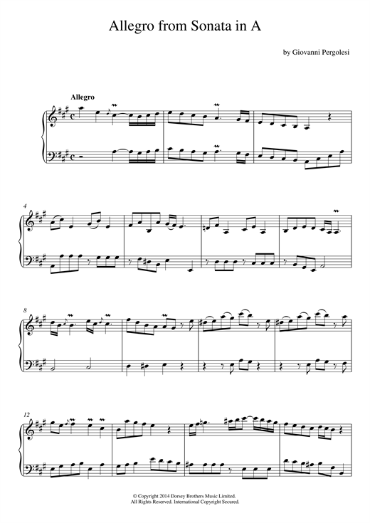 Preview Giovanni Battista Pergolesi Allegro (Harpsichord Sonata In A Major) Baroque sheet music, notes and chords for Piano, SKU: 117968 sheet music, piano notes, chords, guitar tabs, score, transpose, transcribe, how to play, guide, download, learn, tutorial, progression, song, artist, awards, billboard, mtv, vh1, tour, single, album, release