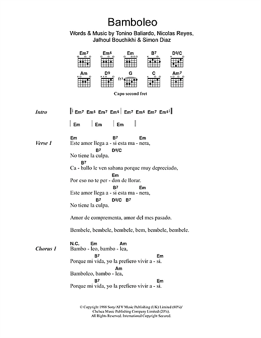 Preview The Gipsy Kings Bamboleo Latin sheet music, notes and chords for Piano & Vocal, SKU: 121254 sheet music, piano notes, chords, guitar tabs, score, transpose, transcribe, how to play, guide, download, learn, tutorial, progression, song, artist, awards, billboard, mtv, vh1, tour, single, album, release