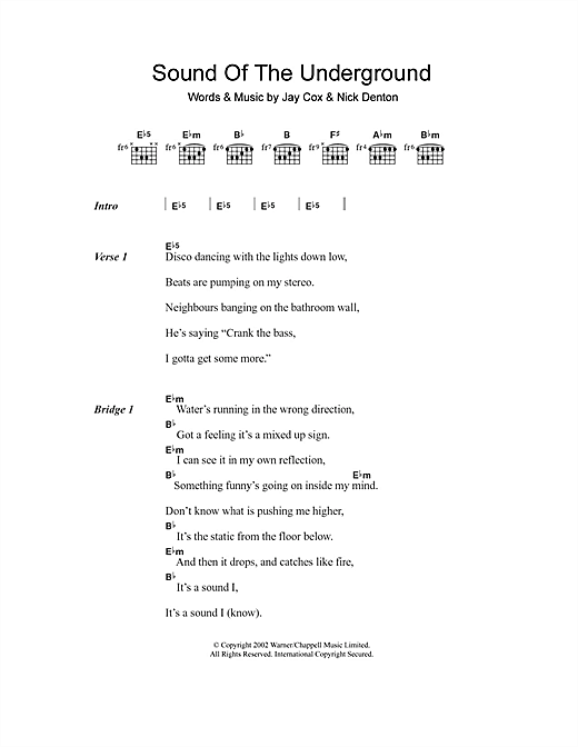 Preview Girls Aloud Sound Of The Underground Pop sheet music, notes and chords for Lyrics & Chords, SKU: 107818 sheet music, piano notes, chords, guitar tabs, score, transpose, transcribe, how to play, guide, download, learn, tutorial, progression, song, artist, awards, billboard, mtv, vh1, tour, single, album, release