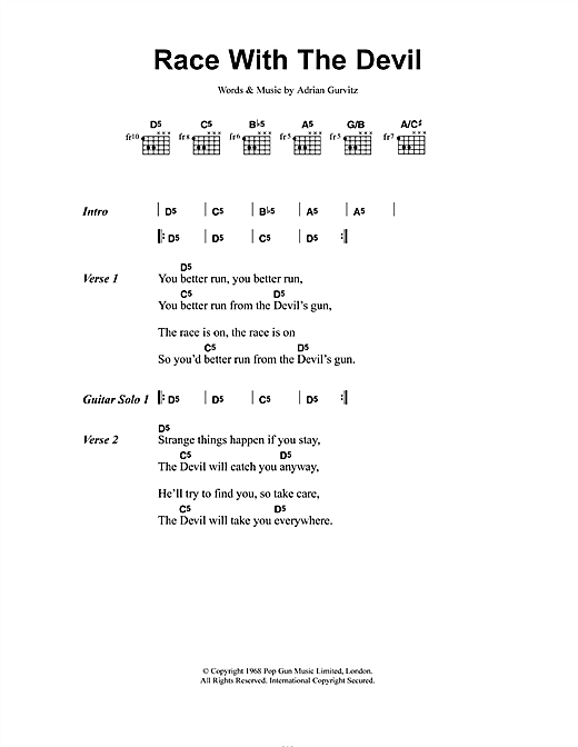 Preview Girlschool Race With The Devil Metal sheet music, notes and chords for Piano, Vocal & Guitar (Right-Hand Melody), SKU: 121183 sheet music, piano notes, chords, guitar tabs, score, transpose, transcribe, how to play, guide, download, learn, tutorial, progression, song, artist, awards, billboard, mtv, vh1, tour, single, album, release