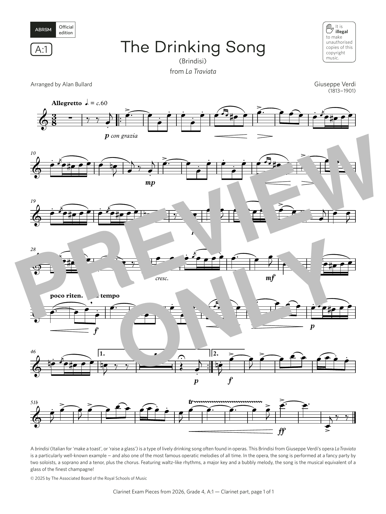 Giuseppe Verdi The Drinking Song (Grade 4, list A1, from the ABRSM Clarinet Syllabus from 2026) Sheet Music & Chords for Clarinet Solo - Download or Print PDF