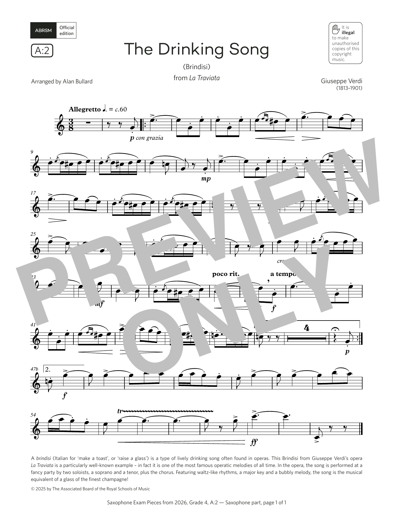 Giuseppe Verdi The Drinking Song (Grade 4, list A2, from the ABRSM Saxophone Syllabus from 2026) Sheet Music & Chords for Alto Sax Solo - Download or Print PDF