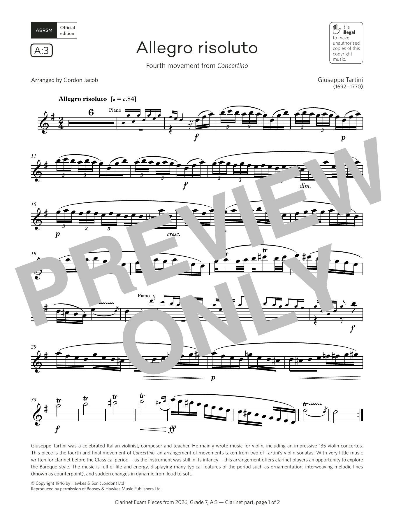 Giuseppi Tartini Allegro risoluto (Grade 7, list A3, from the ABRSM Clarinet Syllabus from 2026) Sheet Music & Chords for Clarinet Solo - Download or Print PDF