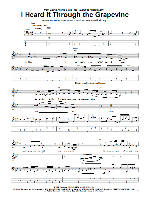 Preview Gladys Knight & The Pips I Heard It Through The Grapevine Rock sheet music, notes and chords for Bass Guitar Tab, SKU: 51091 sheet music, piano notes, chords, guitar tabs, score, transpose, transcribe, how to play, guide, download, learn, tutorial, progression, song, artist, awards, billboard, mtv, vh1, tour, single, album, release