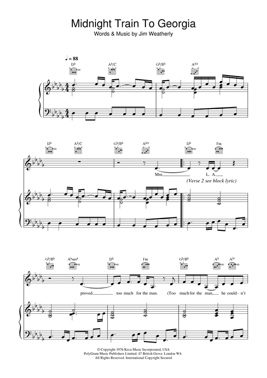Preview Gladys Knight & The Pips Midnight Train To Georgia Pop sheet music, notes and chords for Piano, Vocal & Guitar, SKU: 14624 sheet music, piano notes, chords, guitar tabs, score, transpose, transcribe, how to play, guide, download, learn, tutorial, progression, song, artist, awards, billboard, mtv, vh1, tour, single, album, release