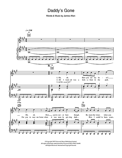 Preview Glasvegas Daddy's Gone Rock sheet music, notes and chords for Lyrics & Chords, SKU: 101454 sheet music, piano notes, chords, guitar tabs, score, transpose, transcribe, how to play, guide, download, learn, tutorial, progression, song, artist, awards, billboard, mtv, vh1, tour, single, album, release