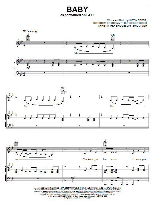 Preview Glee Cast Baby Pop sheet music, notes and chords for Piano, Vocal & Guitar (Right-Hand Melody), SKU: 82793 Download Glee Cast Baby sheet music and printable PDF score & Pop music notes