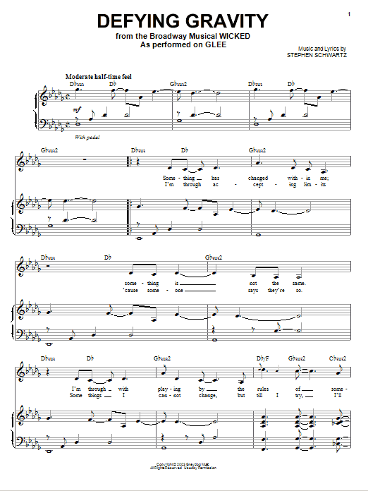 Preview Glee Cast Defying Gravity (from Wicked) Musicals sheet music, notes and chords for Piano, Vocal & Guitar (Right-Hand Melody), SKU: 101385 sheet music, piano notes, chords, guitar tabs, score, transpose, transcribe, how to play, guide, download, learn, tutorial, progression, song, artist, awards, billboard, mtv, vh1, tour, single, album, release