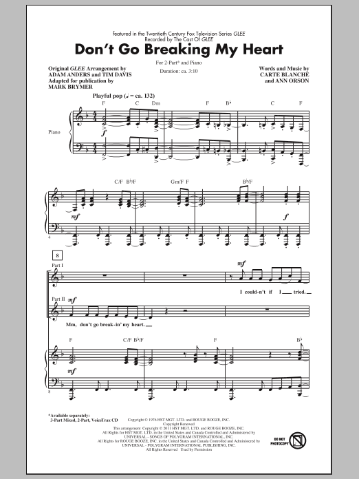 Preview Glee Cast Don't Go Breaking My Heart (arr. Mark Brymer) Concert sheet music, notes and chords for 3-Part Mixed, SKU: 82228 sheet music, piano notes, chords, guitar tabs, score, transpose, transcribe, how to play, guide, download, learn, tutorial, progression, song, artist, awards, billboard, mtv, vh1, tour, single, album, release