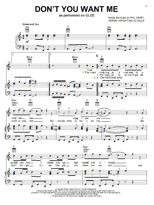 Preview Glee Cast Don't You Want Me Rock sheet music, notes and chords for Piano, Vocal & Guitar (Right-Hand Melody), SKU: 82795 Download Glee Cast Don't You Want Me sheet music and printable PDF score & Rock music notes