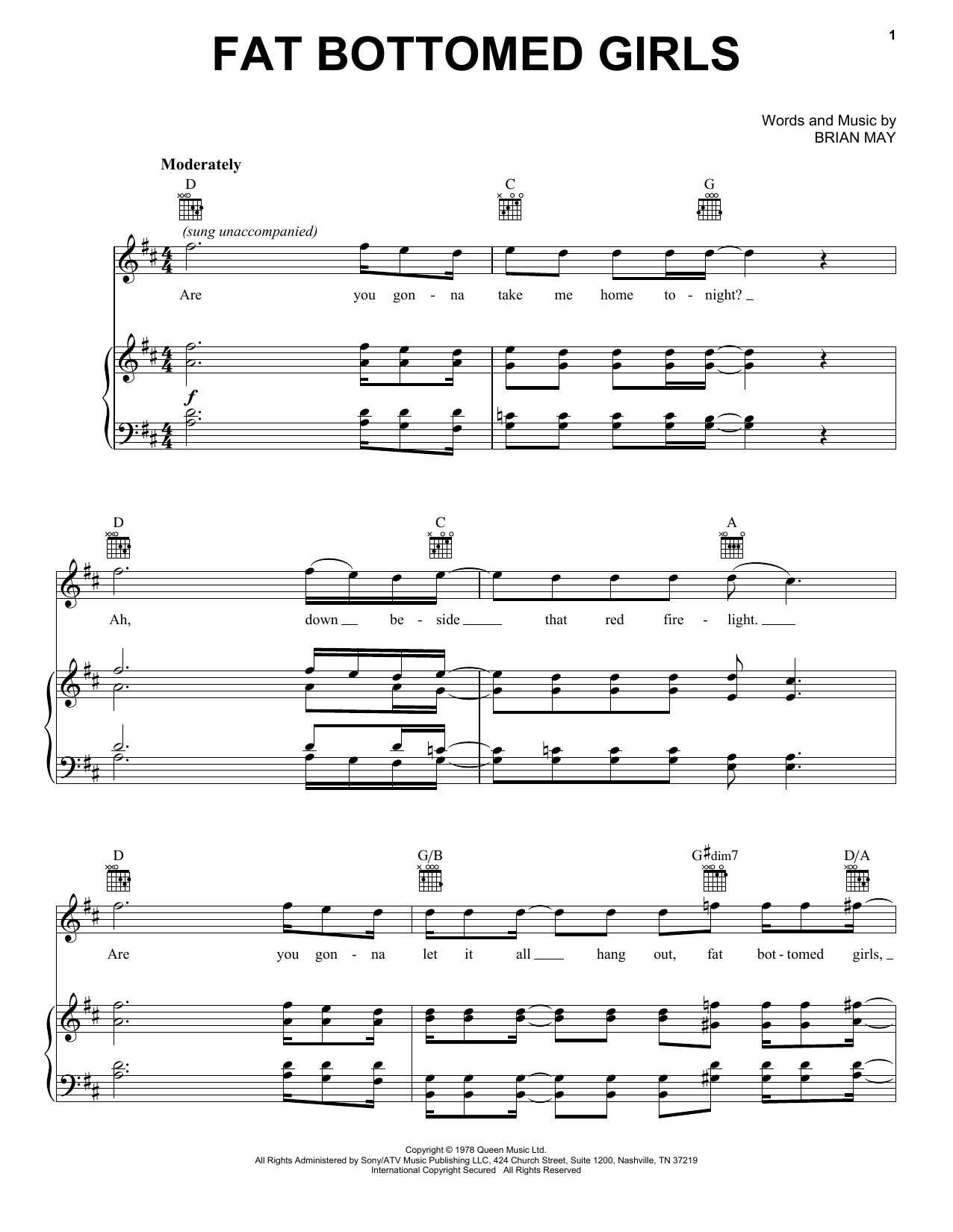 Preview Glee Cast Fat Bottomed Girls Rock sheet music, notes and chords for Piano, Vocal & Guitar (Right-Hand Melody), SKU: 82788 Download Glee Cast Fat Bottomed Girls sheet music and printable PDF score & Rock music notes