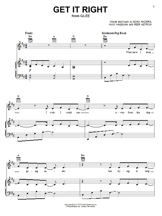 Preview Glee Cast Get It Right Pop sheet music, notes and chords for Piano, Vocal & Guitar (Right-Hand Melody), SKU: 82789 Download Glee Cast Get It Right sheet music and printable PDF score & Pop music notes