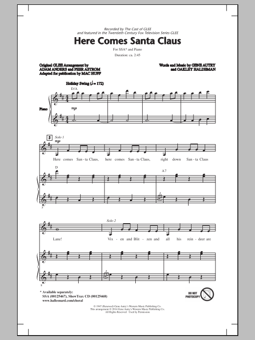Preview Glee Cast Here Comes Santa Claus (Right Down Santa Claus Lane) (arr. Mac Huff) Christmas sheet music, notes and chords for SSA, SKU: 155008 sheet music, piano notes, chords, guitar tabs, score, transpose, transcribe, how to play, guide, download, learn, tutorial, progression, song, artist, awards, billboard, mtv, vh1, tour, single, album, release