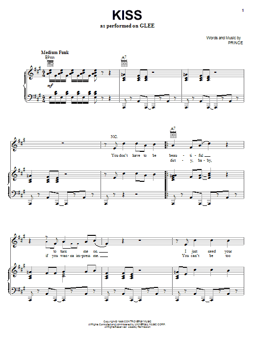Preview Glee Cast Kiss Pop sheet music, notes and chords for Piano, Vocal & Guitar (Right-Hand Melody), SKU: 82787 Download Glee Cast Kiss sheet music and printable PDF score & Pop music notes