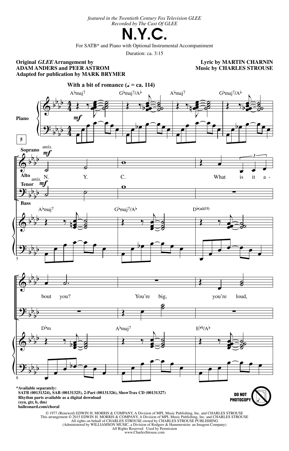 Preview Glee Cast N.Y.C. (arr. Mark Brymer) Broadway sheet music, notes and chords for SATB, SKU: 159295 sheet music, piano notes, chords, guitar tabs, score, transpose, transcribe, how to play, guide, download, learn, tutorial, progression, song, artist, awards, billboard, mtv, vh1, tour, single, album, release