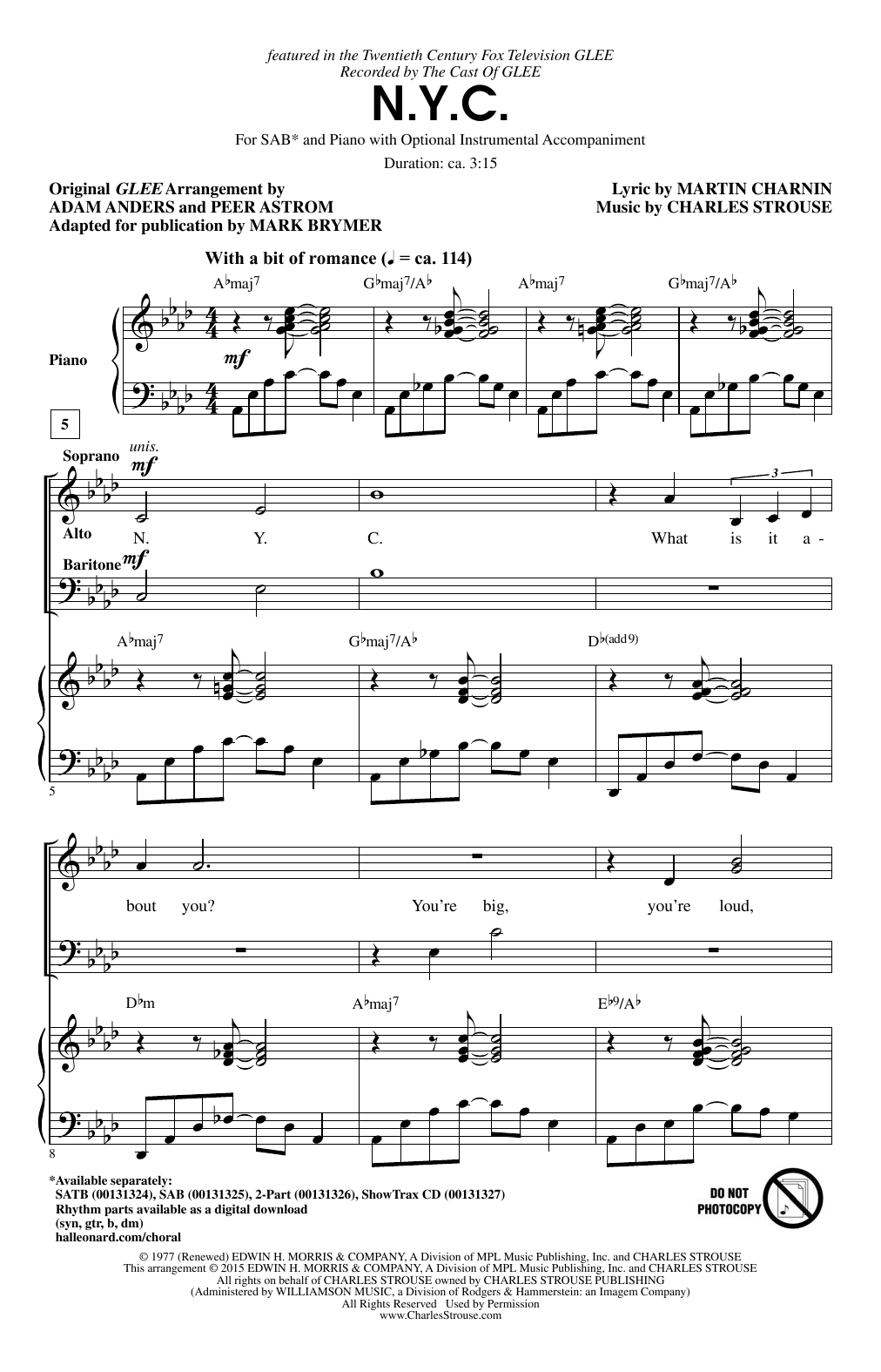 Preview Glee Cast N.Y.C. (arr. Mark Brymer) Broadway sheet music, notes and chords for SATB, SKU: 159295 sheet music, piano notes, chords, guitar tabs, score, transpose, transcribe, how to play, guide, download, learn, tutorial, progression, song, artist, awards, billboard, mtv, vh1, tour, single, album, release