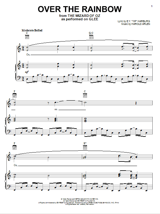 Preview Glee Cast Over The Rainbow Children sheet music, notes and chords for Piano, Vocal & Guitar (Right-Hand Melody), SKU: 75953 Download Glee Cast Over The Rainbow sheet music and printable PDF score & Children music notes