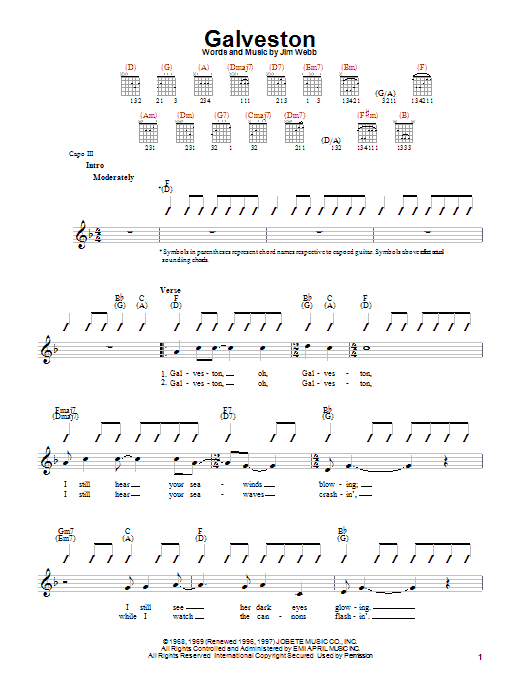 Preview Glen Campbell Galveston Country sheet music, notes and chords for Guitar with strumming patterns, SKU: 22082 Download Glen Campbell Galveston sheet music and printable PDF score & Country music notes