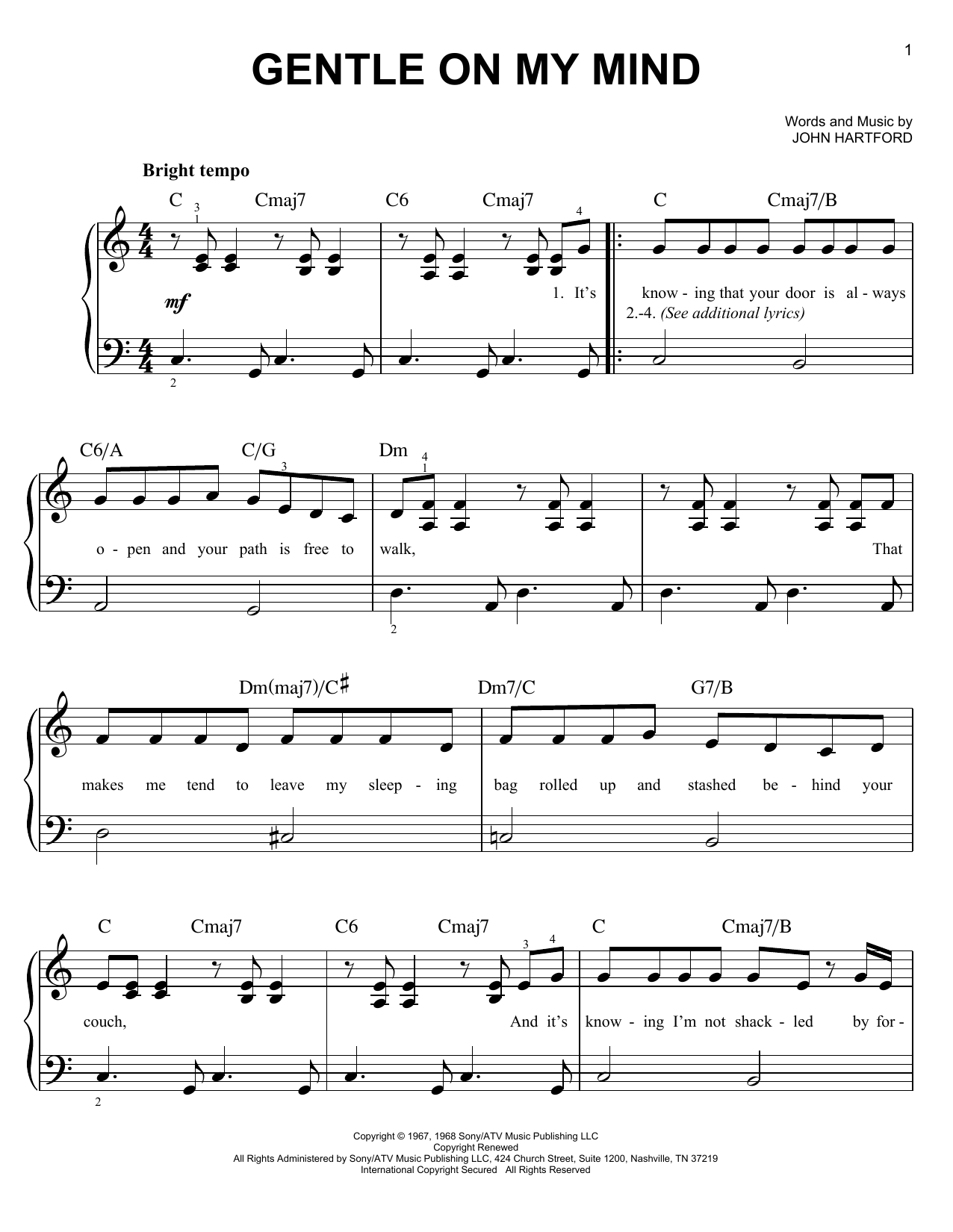 Preview Glen Campbell Gentle On My Mind Folk sheet music, notes and chords for Piano, Vocal & Guitar (Right-Hand Melody), SKU: 21403 sheet music, piano notes, chords, guitar tabs, score, transpose, transcribe, how to play, guide, download, learn, tutorial, progression, song, artist, awards, billboard, mtv, vh1, tour, single, album, release