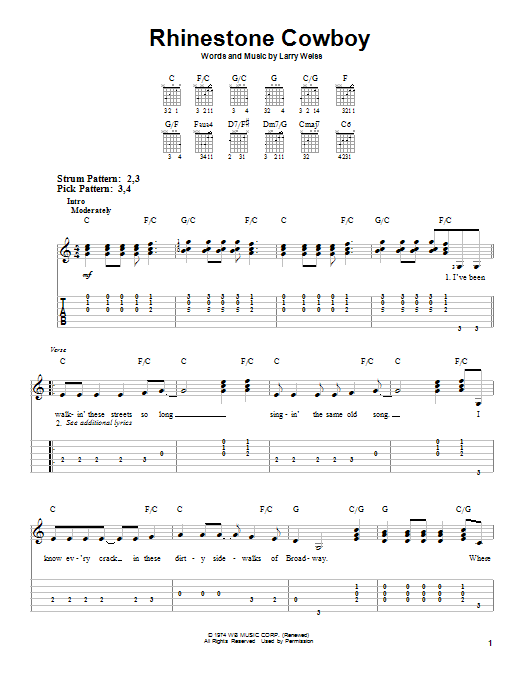 Preview Glen Campbell Rhinestone Cowboy Pop sheet music, notes and chords for Piano, Vocal & Guitar (Right-Hand Melody), SKU: 121380 sheet music, piano notes, chords, guitar tabs, score, transpose, transcribe, how to play, guide, download, learn, tutorial, progression, song, artist, awards, billboard, mtv, vh1, tour, single, album, release