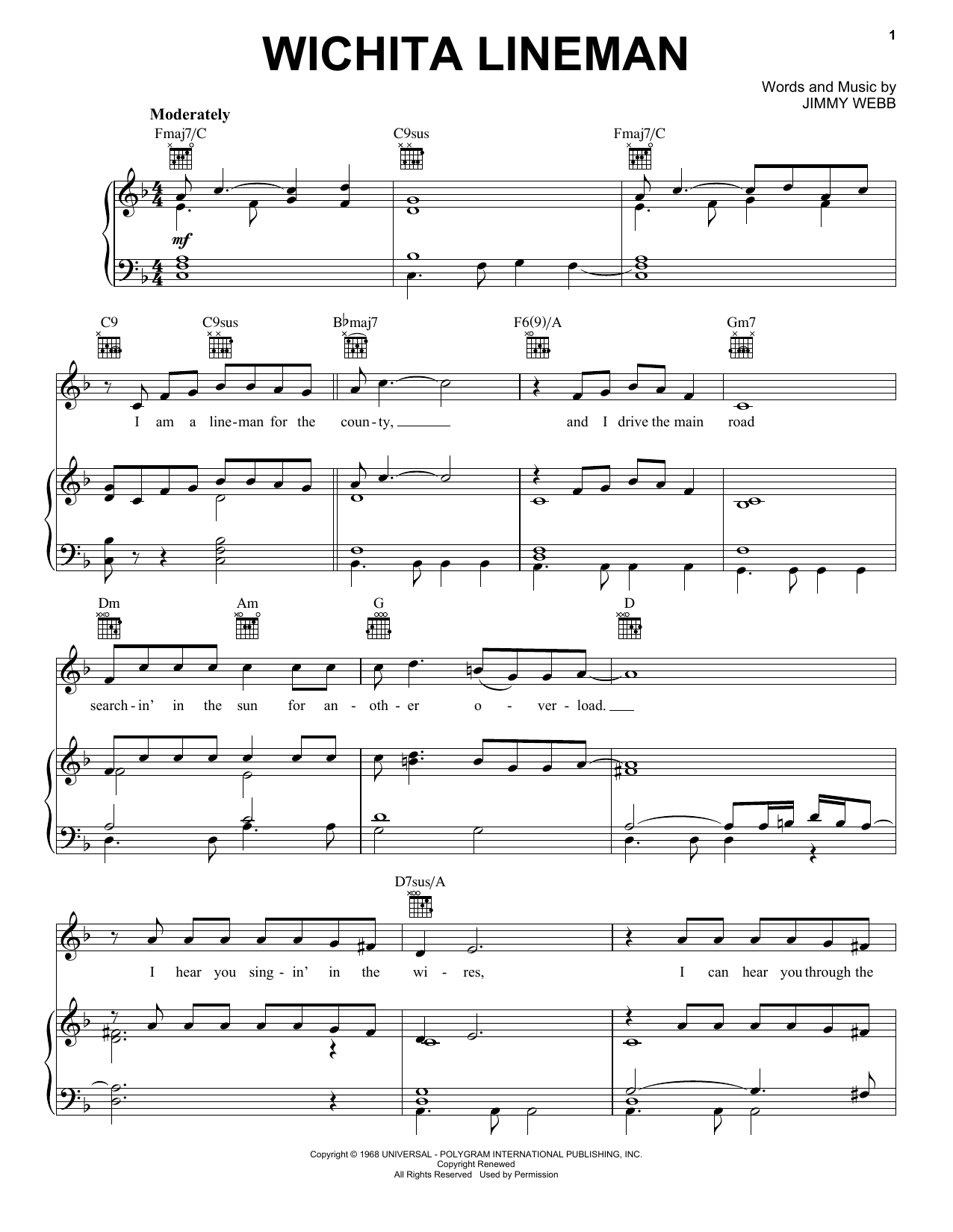 Download Glen Campbell Wichita Lineman sheet music and printable PDF score & Country music notes
