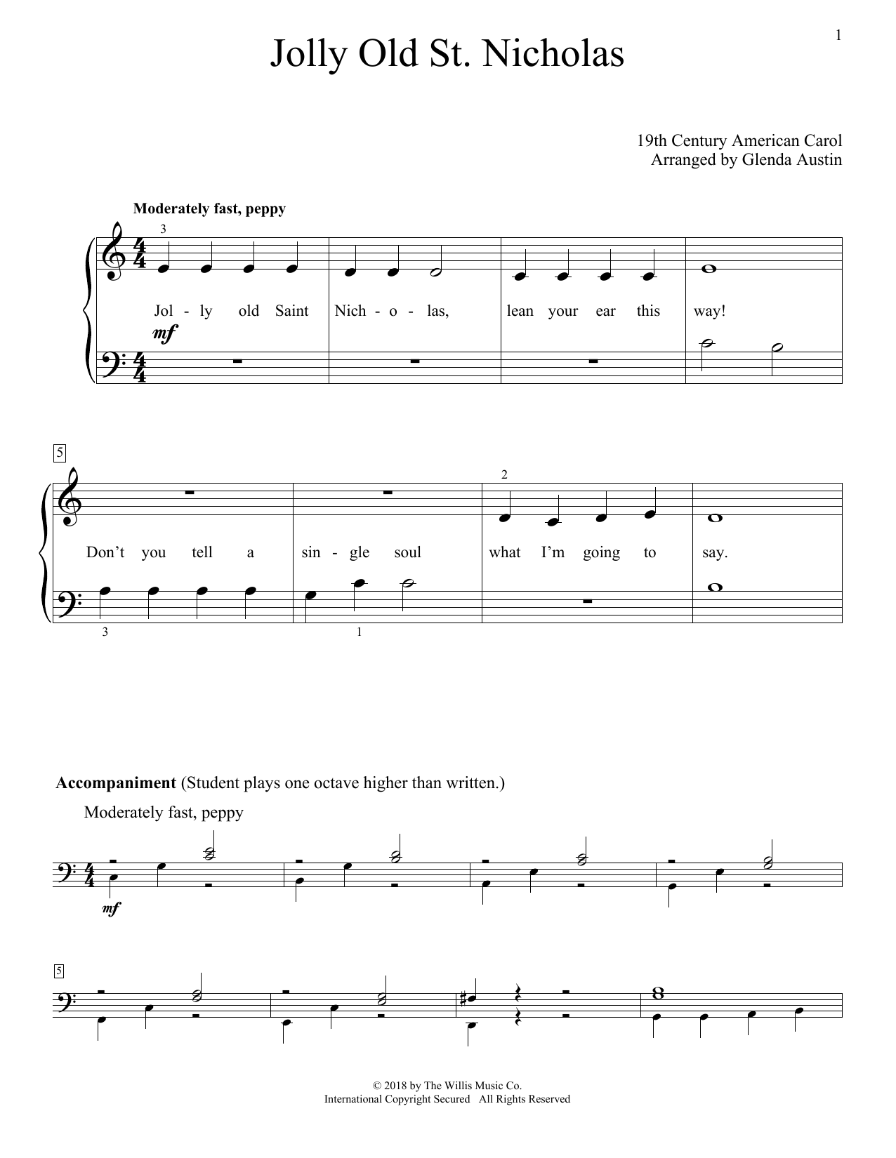 Preview Glenda Austin Jolly Old St. Nicholas Christmas sheet music, notes and chords for Educational Piano, SKU: 254310 sheet music, piano notes, chords, guitar tabs, score, transpose, transcribe, how to play, guide, download, learn, tutorial, progression, song, artist, awards, billboard, mtv, vh1, tour, single, album, release