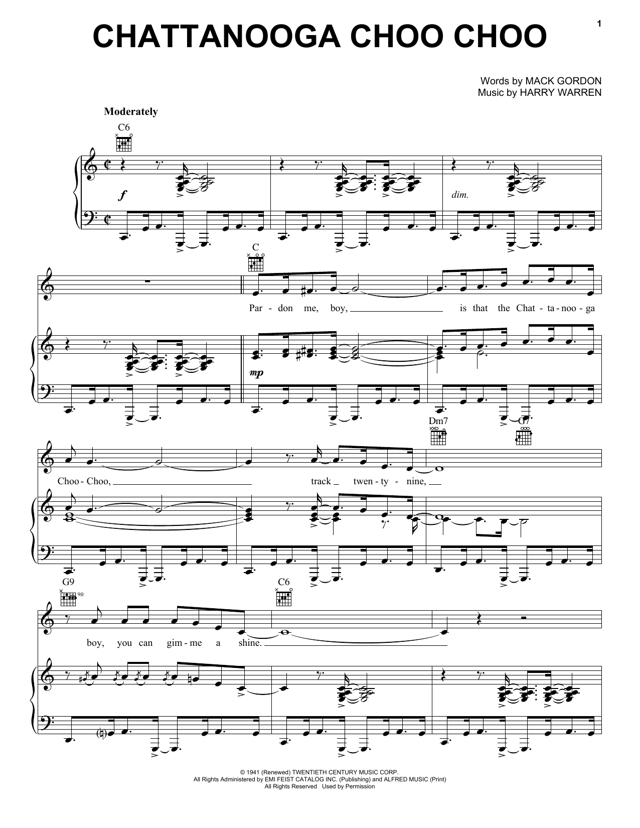 Preview Glenn Miller Chattanooga Choo Choo Jazz sheet music, notes and chords for Piano, Vocal & Guitar (Right-Hand Melody), SKU: 24781 Download Glenn Miller Chattanooga Choo Choo sheet music and printable PDF score & Jazz music notes