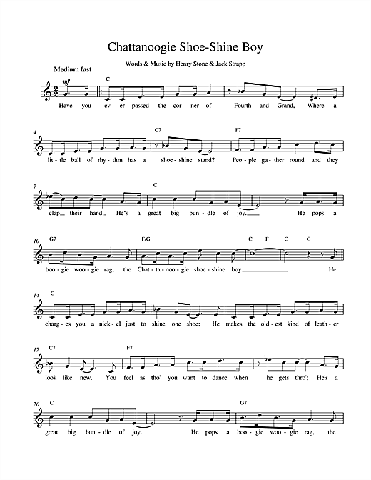 Preview Glenn Miller Chattanoogie Shoe-Shine Boy Jazz sheet music, notes and chords for Melody Line, Lyrics & Chords, SKU: 13987 sheet music, piano notes, chords, guitar tabs, score, transpose, transcribe, how to play, guide, download, learn, tutorial, progression, song, artist, awards, billboard, mtv, vh1, tour, single, album, release