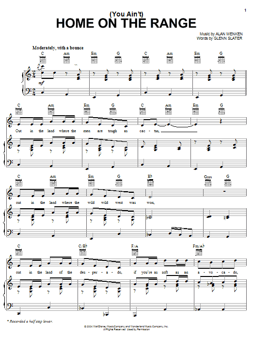 Preview Glenn Slater (You Ain't) Home On The Range - Main Title Film and TV sheet music, notes and chords for Piano, Vocal & Guitar (Right-Hand Melody), SKU: 28145 sheet music, piano notes, chords, guitar tabs, score, transpose, transcribe, how to play, guide, download, learn, tutorial, progression, song, artist, awards, billboard, mtv, vh1, tour, single, album, release