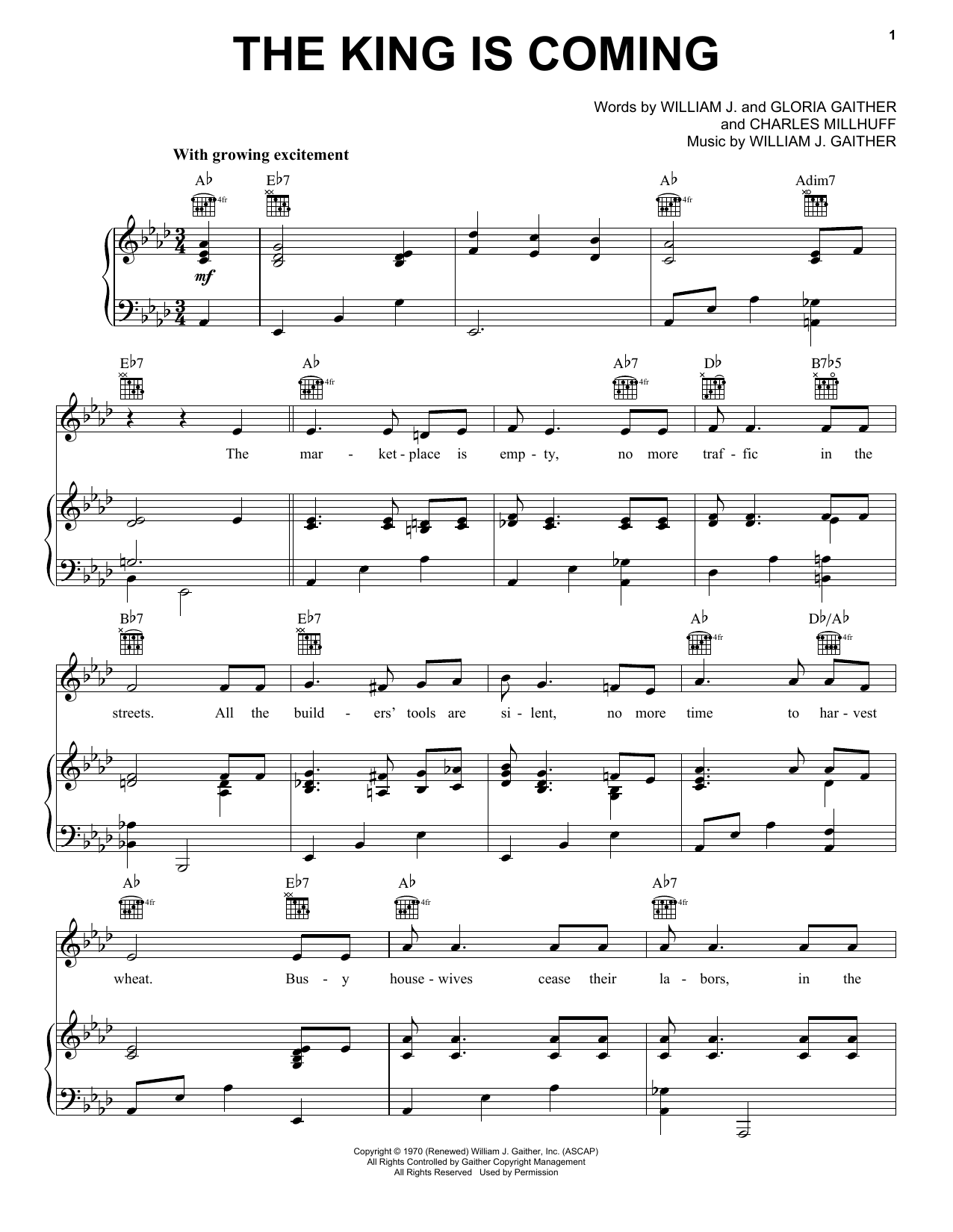 Preview Gloria Gaither The King Is Coming Religious sheet music, notes and chords for Piano, Vocal & Guitar (Right-Hand Melody), SKU: 157574 sheet music, piano notes, chords, guitar tabs, score, transpose, transcribe, how to play, guide, download, learn, tutorial, progression, song, artist, awards, billboard, mtv, vh1, tour, single, album, release