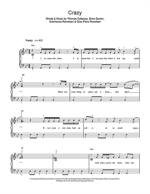 Download Gnarls Barkley Crazy sheet music and printable PDF score & Pop music notes