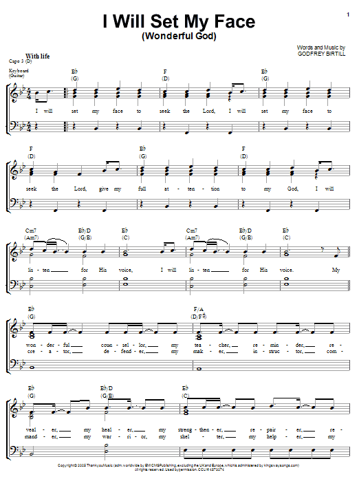 Preview Godfrey Birtill Wonderful God I Will Set My Face Religious sheet music, notes and chords for Piano, Vocal & Guitar (Right-Hand Melody), SKU: 58549 sheet music, piano notes, chords, guitar tabs, score, transpose, transcribe, how to play, guide, download, learn, tutorial, progression, song, artist, awards, billboard, mtv, vh1, tour, single, album, release