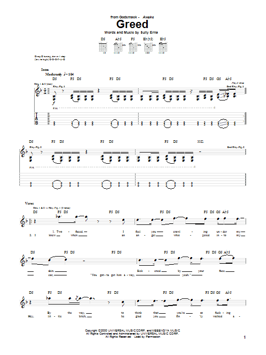 Preview Godsmack Greed Rock sheet music, notes and chords for Guitar Tab, SKU: 51131 sheet music, piano notes, chords, guitar tabs, score, transpose, transcribe, how to play, guide, download, learn, tutorial, progression, song, artist, awards, billboard, mtv, vh1, tour, single, album, release